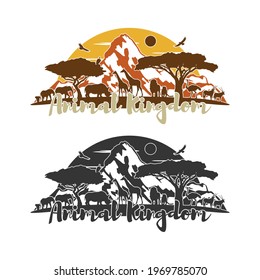 African Kingdom Safari Animals Landmark Silhouette Illustration. Animal Kingdom Vector Design Wild Life Scene.