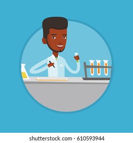 African laboratory assistant analyzing liquid in test tube. Laboratory assistant working with a test tube and taking some notes. Vector flat design illustration in the circle isolated on background.