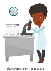 African laboratory assistant working with microscope. Young scientist working at the laboratory. Laboratory assistant using a microscope. Vector flat design illustration isolated on white background