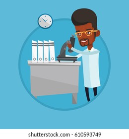 African laboratory assistant working with microscope. Scientist working at laboratory. Laboratory assistant using a microscope. Vector flat design illustration in the circle isolated on background.