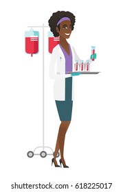 African laboratory assistant working with a test tube. Laboratory assistant analyzing blood in test tube. Scientist holding a test tube. Vector flat design illustration isolated on white background.