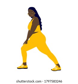 African lady. Black young woman with long hair. Age 18-25. Isolated on white. Body positive. Dancing and leisure concept. Doing exercises in yellow sportswear. For poster, web or interface