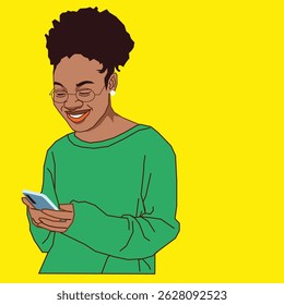 Mujer africana sonriendo mientras sostiene un teléfono celular