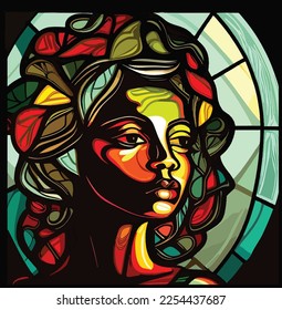 African lady, stained glass style, leaves