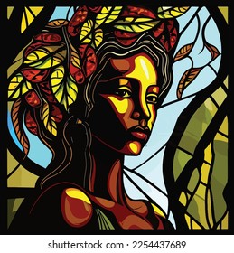 African lady  stained glass style  leaf crown in hair