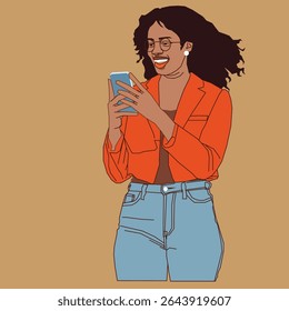 African lady in suit holding a cell phone while smiling