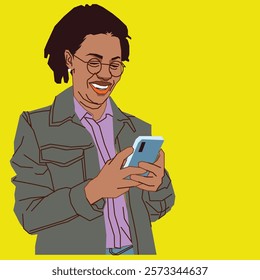An African lady wearing a stylish jacket, holding her phone and checking her messages with a warm smile.