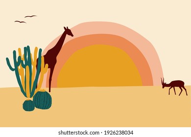 African landscape. Abstract minimalist desert and cactus pattern background for design travel agency flyer, souvenir shop tag, t shirt print etc.