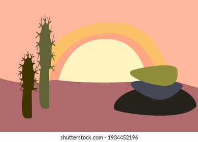 African landscape. Abstract minimalist desert and cactus pattern backgrouns for t shirt print, souvenir shop tag, for wall decor etc. Vector flat cartoon illustration