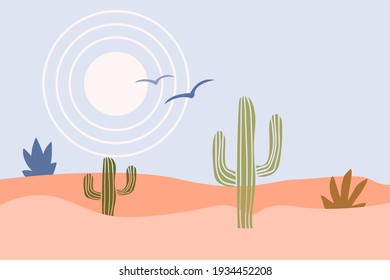 African landscape. Abstract minimalist desert and cactus pattern backgrouns for t shirt print, souvenir shop tag, for wall decor, for travel agency flyer design etc