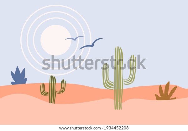African landscape. Abstract\
minimalist desert and cactus pattern backgrouns for t shirt print,\
souvenir shop tag, for wall decor, for travel agency flyer design\
etc