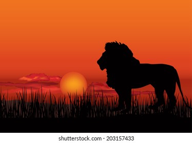 African Landscape With Animal Silhouette. Savanna Sunset Background.