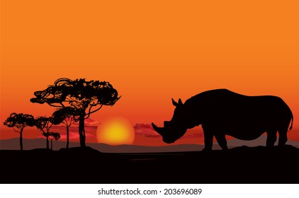 African landscape with animal silhouette. Savanna sunset background.