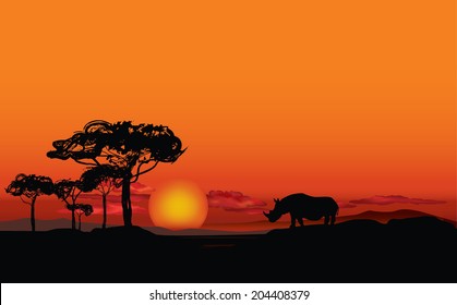 African landscape with animal silhouette. Savanna sunset background.