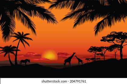 African Landscape With Animal Silhouette. Savanna Sunset Background.