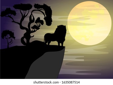 African landscape with animal silhouette. Savannah sunset background. Lion on the background of the moon.Can be used for travel or safari banner, poster design, desktop.