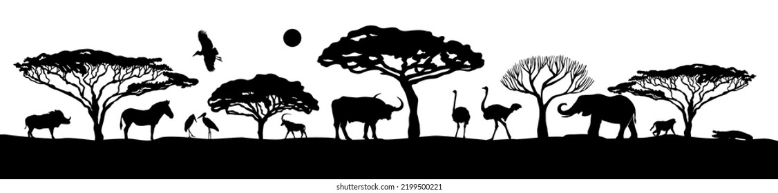 Afrikanische Landschaft mit Tieren. Eine afrikanische Safari-Tier-Silhouette-Landschaft. Vektorgrafik