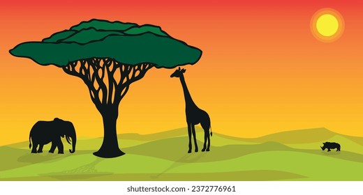 African landscape with animals, vector banner or background. Tropical African nature 