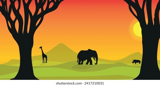 African landscape with animals, vector banner or background. Tropical African nature