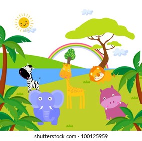 African landscape and animals - vector illustration.