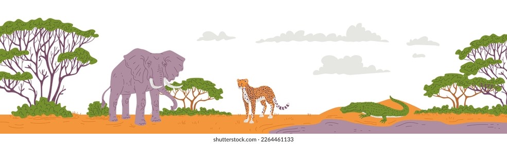 African landscape background with animals and plants of African savanna, flat vector illustration isolated on white background. African nature reserve banner.