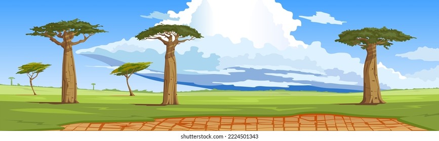 African landscape with baobabs against the backdrop of an impending thunderstorm. Madagascar panoramic view, savannah, dry body of water. Wildlife scene, art drawing. Vector illustration.