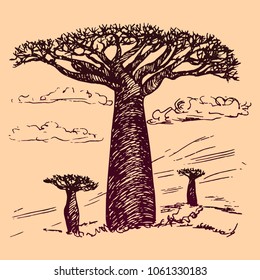 African landscape with baobabs, hand drawn doodle, sketch in pop art style, vector outline illustration? on soft pink background