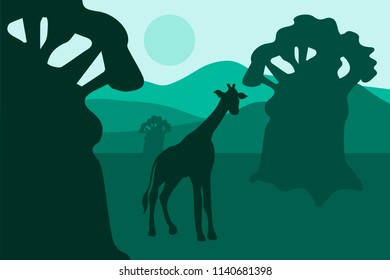 African landscape with baobabs and walking giraffe. Wildlife scene. Tropical scenery. Safari panorama. Vector