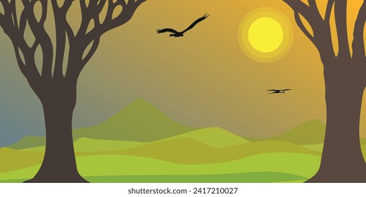 African landscape with birds silhuettes, vector banner or background. Tropical African nature