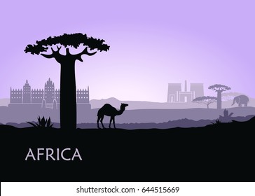 African landscape with camel and ancient temples in lilac tones