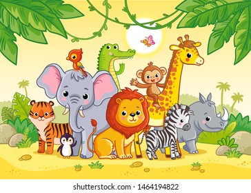 African landscape with cute african animals. Large set of animals. Vector illustration with cute mammals.