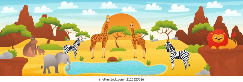 African landscape with cute cartoon animals - elephant, zebra and lion, web banner with savannah scene, african desert exploration, zoo horizontal poster for print