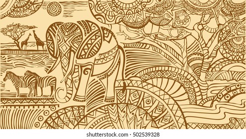 

African landscape with Elephant
African decorative monochrome carpet.