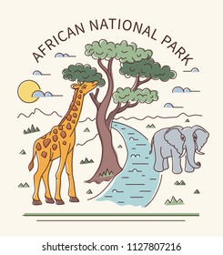 African landscape with elephant and giraffe in the savanna. Safari, national park. Vector linear scenery. Editable stroke