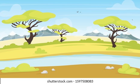 African landscape flat vector illustration. Safari with water stream. Green savanna scene with flowing river. Meadow green land. Exortic scenery, tropical grassland. Madagascar cartoon background