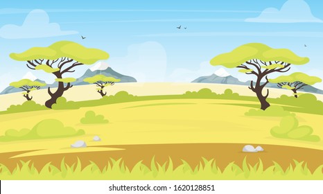 African landscape flat vector illustration. Safari panoramic land. Green savanna scene with foliage. Meadow field. Green scenery. Exortic and tropical grassland. Summer valley cartoon background