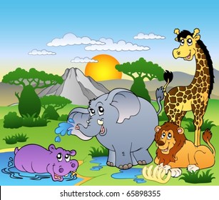 African landscape with four animals - vector illustration.