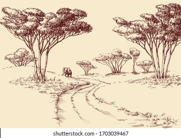 Afrikanische Landschaftszeichnung. Eine Straße in der Savanne und ein Elefant am Horizont