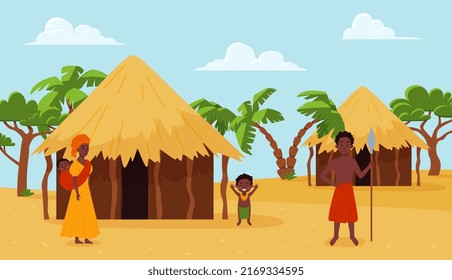 Paisaje africano con cabañas, familia y árboles de estilo plano, ilustración vectorial. Casas marrones con techos de paja amarilla, mujer con niño a la espalda, hombre con lanza