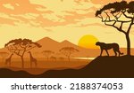 African Landscape Illustration Vector With Cheetah, Giraffe And Elephant Silhouette. African Sunset or African Savanna Illustration.