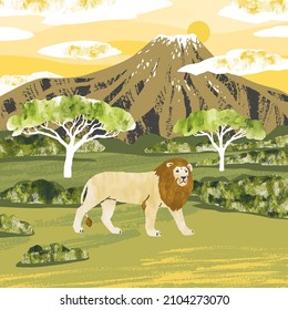 African landscape with Kilimanjaro mountain and lion. Amboseli National Park. Nature vector Illustration with animal, mountain, tree, clouds, sun. Nature illustration for print, postcard, banner