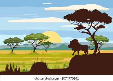 African landscape, lion, savannah, sunset, vector, illustration, cartoon style, isolated