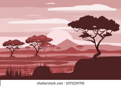 African landscape, lion, savannah, sunset, vector, illustration, cartoon style, isolated