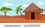 African landscape with local hut and trees flat style, vector illustration. Baobab, dwelling with thatched roof, blue sky with clouds and brown ground