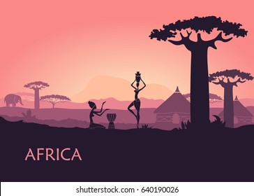 African landscape with local woman, baobabs and traditional huts