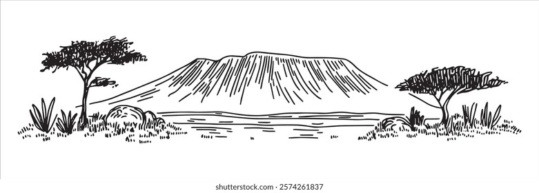 african landscape with mount kilimanjaro and acacia trees illustration