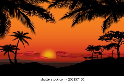 African landscape with palm trees silhouette. Savanna sunset background.