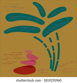 African landscape, palms, decorative stones, decor. Contemporary minimalist art in trendy colors. Vector illustration for clothing print, social media design.