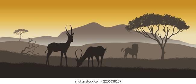 African landscape. Panorama of savannah wilderness. Nature of Africa. Travel poster with safari scene. Lion and antelopes in wildlife. Vector illustration