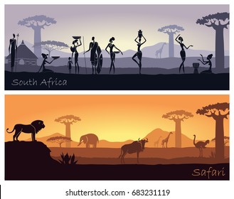 African landscape with people and animals